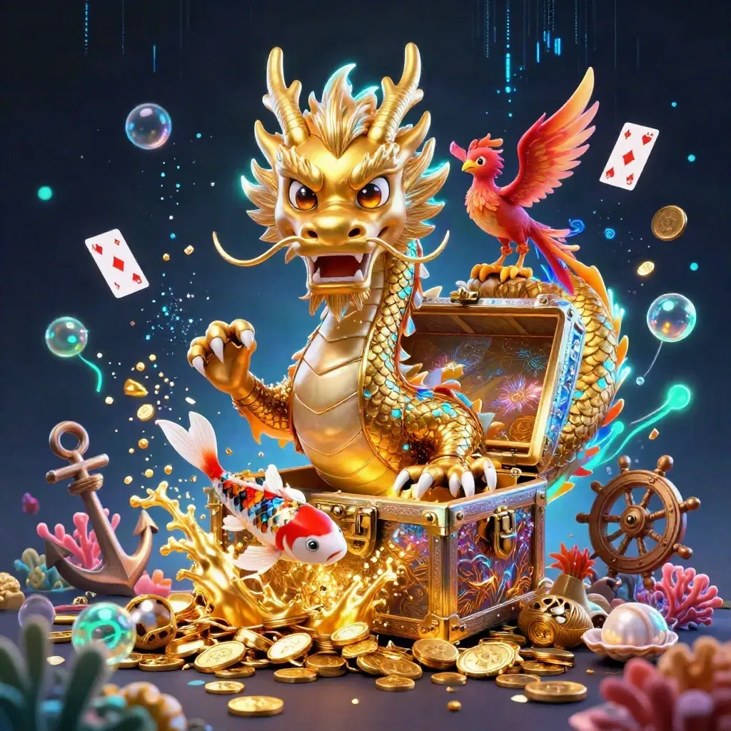 Golden dragon, phoenix, and koi erupt from a treasure chest in a neon underwater cove.