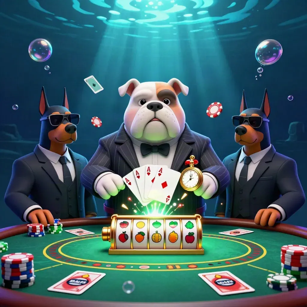 Mafia bulldog and Dobermans at a poker table underwater with glowing chips and casino symbols.