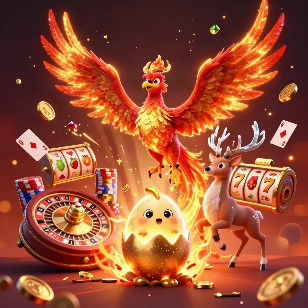 Phoenix, hatchling, and crystal stag amid coins, gems, chips, cards, and glowing casino effects.