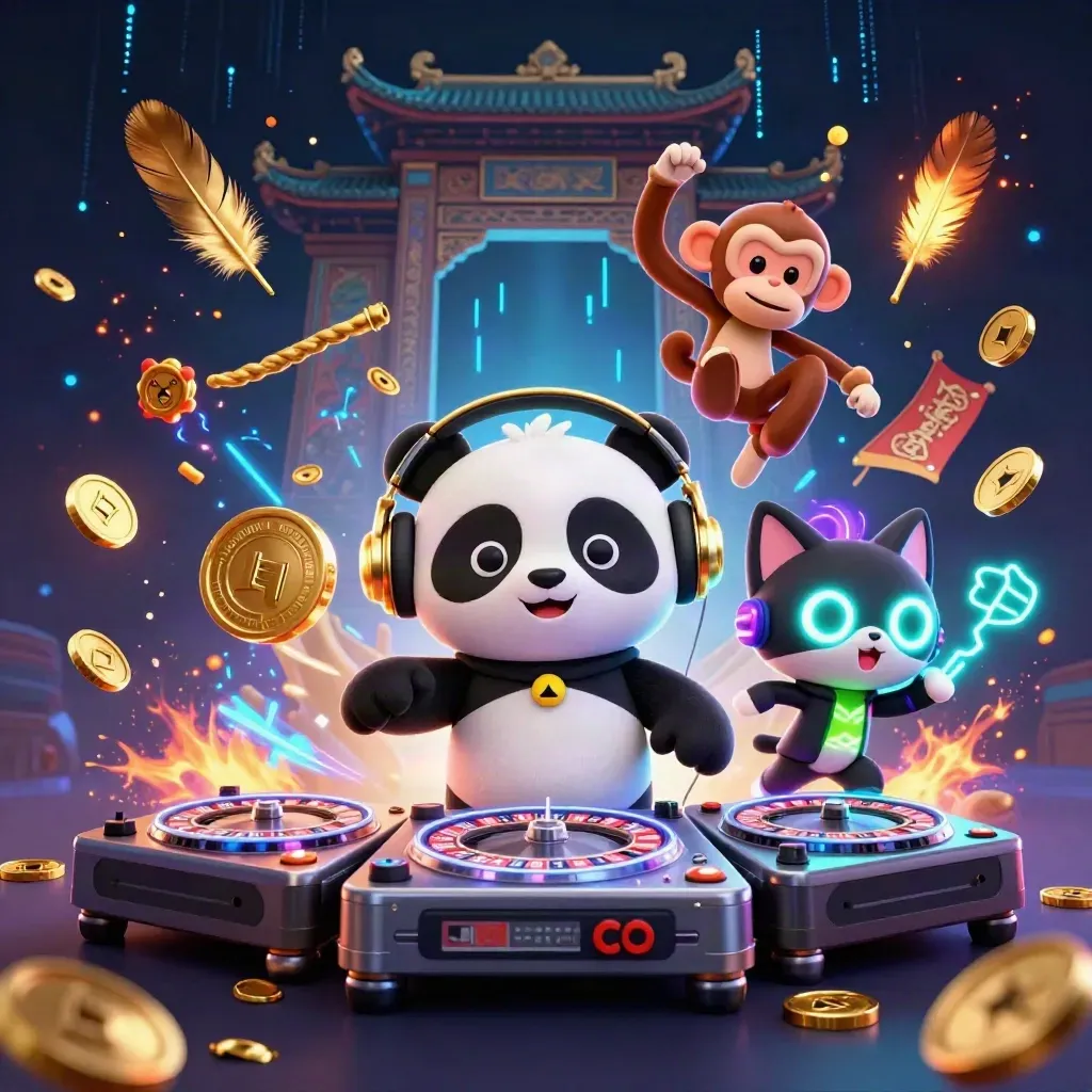 DJ panda, breakdancing monkey, and glow-stick kitten amid treasure, temple gate, and neon energy