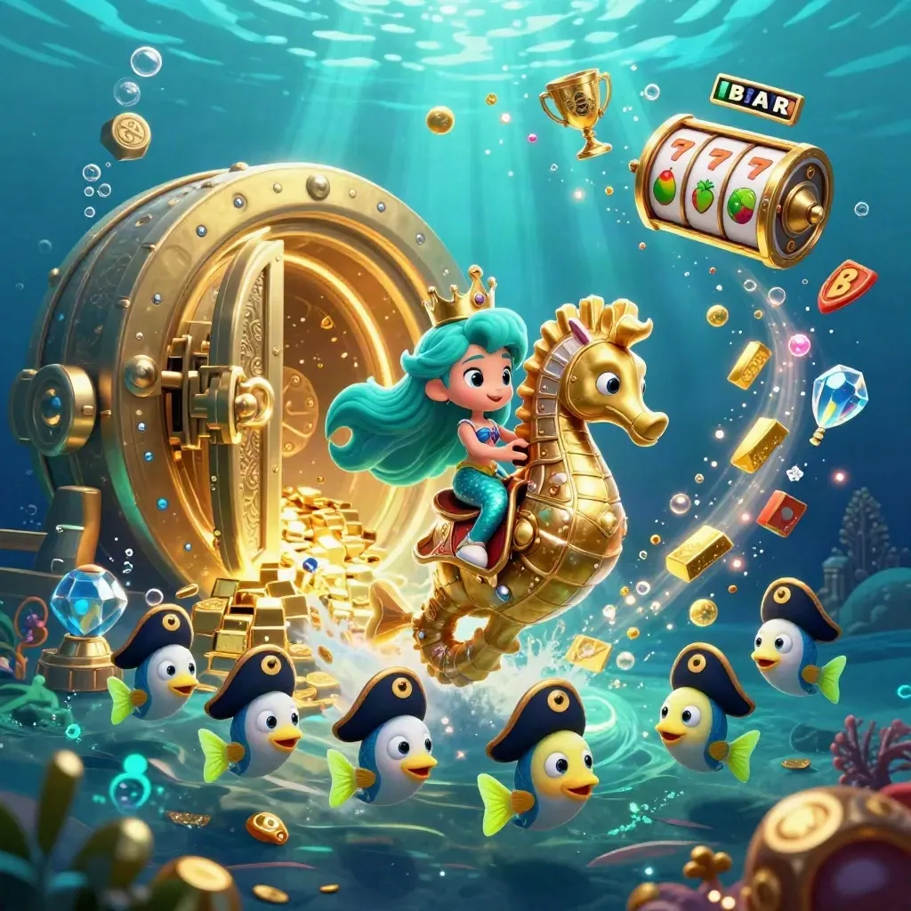 Mermaid princess on golden seahorse with pirate fish, treasure vault, gems and casino reels underwater.