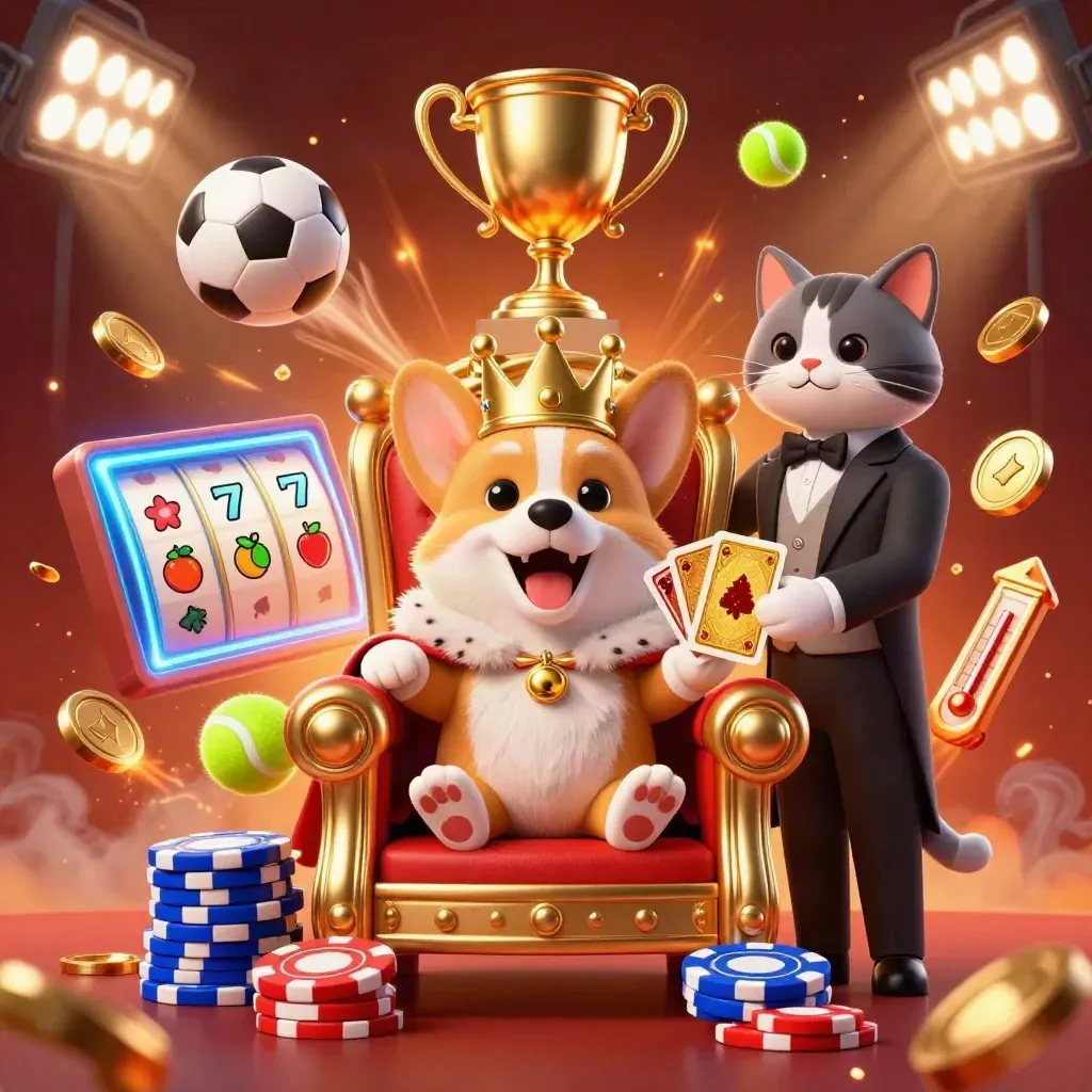 Royal corgi and cat butler amid flying sports balls, coins, trophy, and casino glow