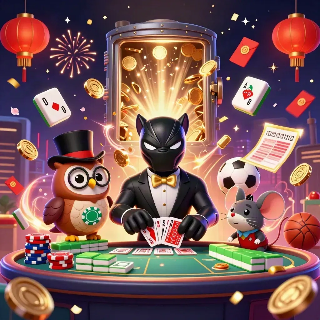 Panther, owl, and mouse in casino celebration with coins, fireworks, lanterns, and sports betting icons