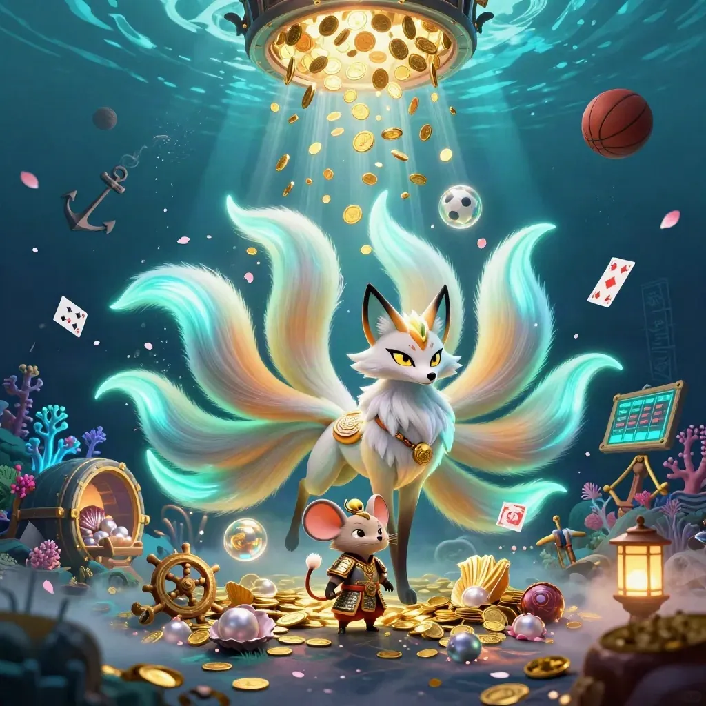 Nine-tailed fox spirit and armored mouse amid underwater casino coins, coral, and treasure