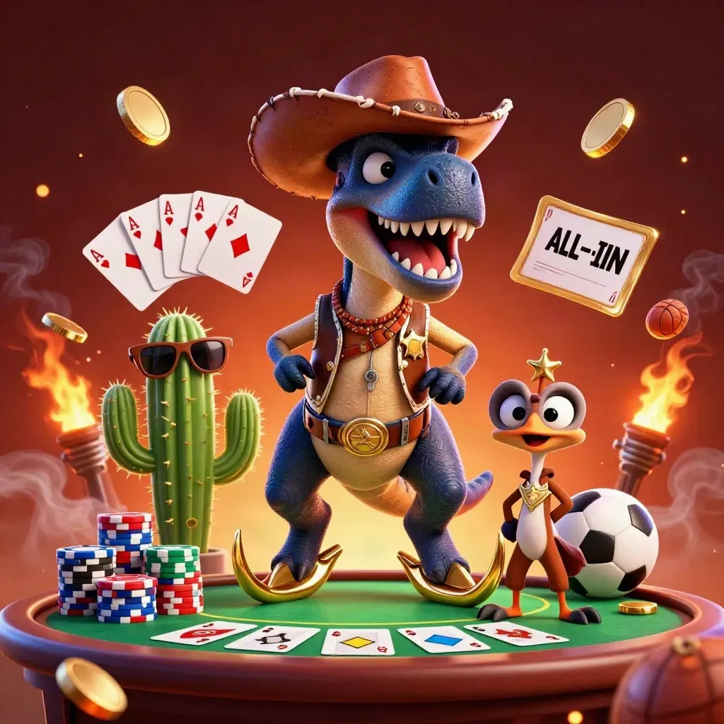 Cartoon cowboy T-Rex, cactus, and roadrunner amid casino chips, aces, and flying gold coins.