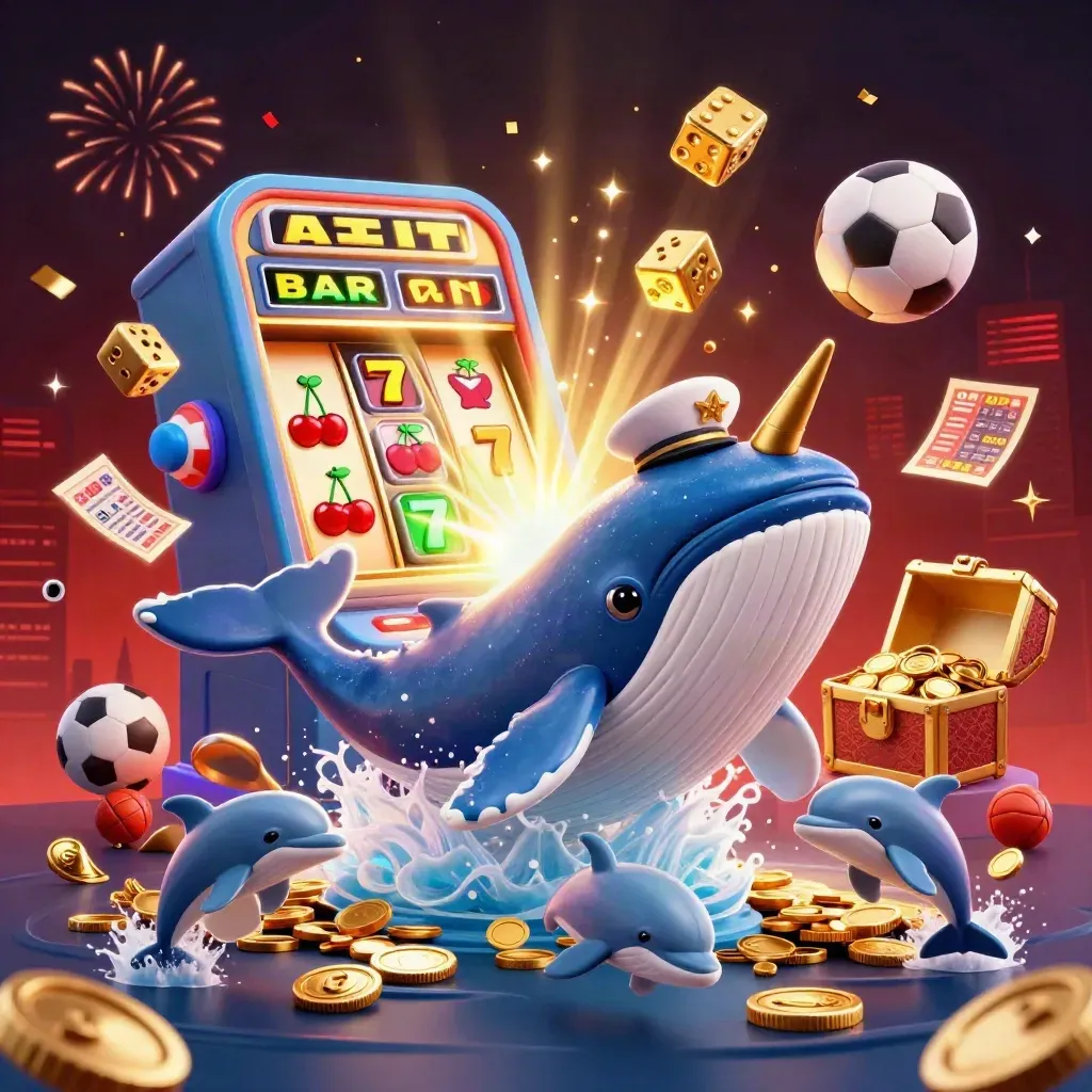 Cartoon whale captain, narwhal, dolphins, slot machine, coins and sports betting glow in a casino burst.