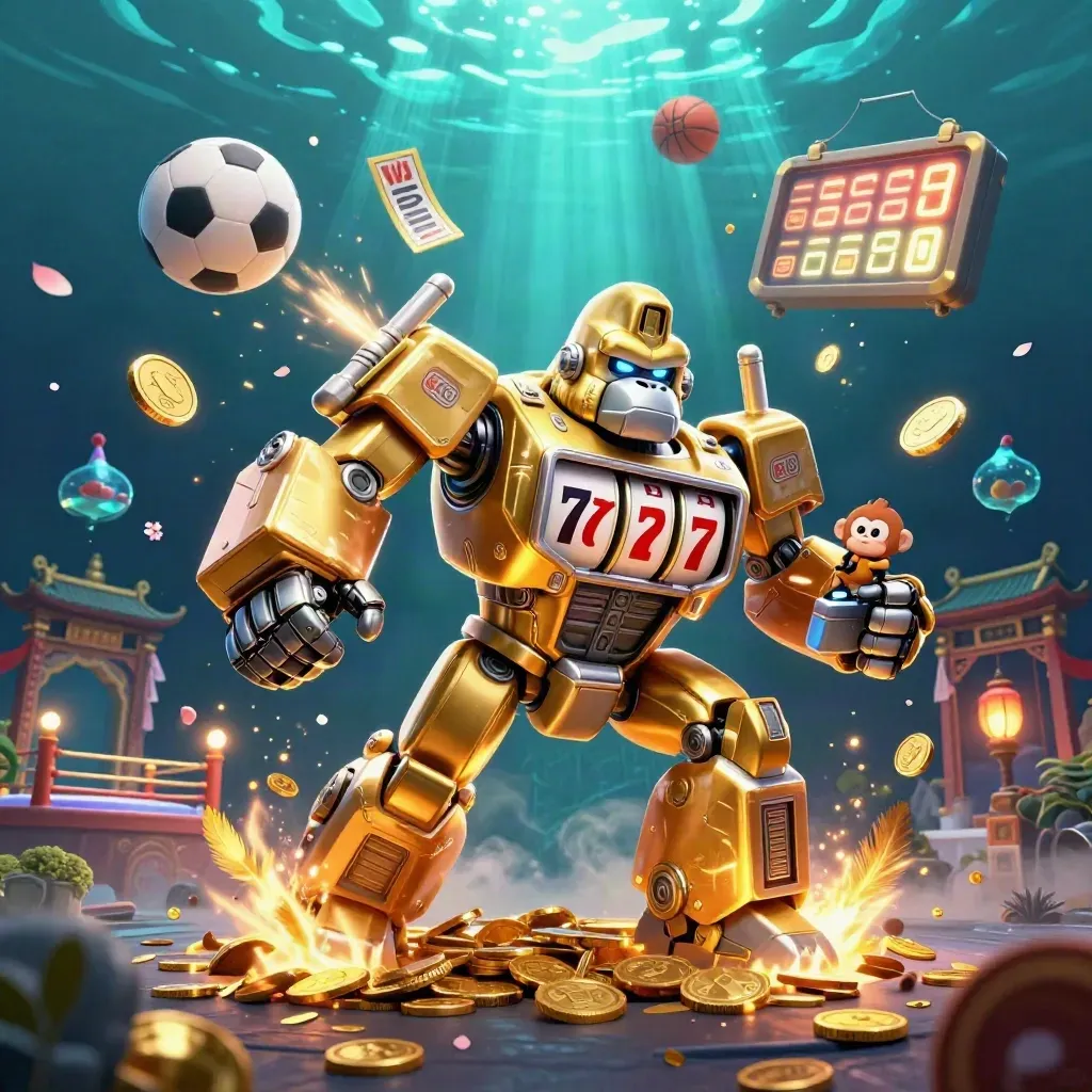 Golden gorilla mech with monkey pilot amid coins, temple gate, rope ring, and sports symbols.