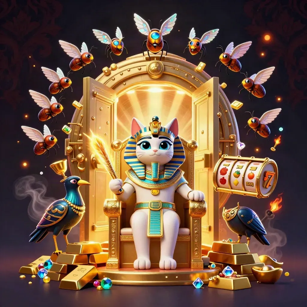 Pharaoh cat, ibis scribe, and gem-winged scarabs amid vault gold and casino symbols