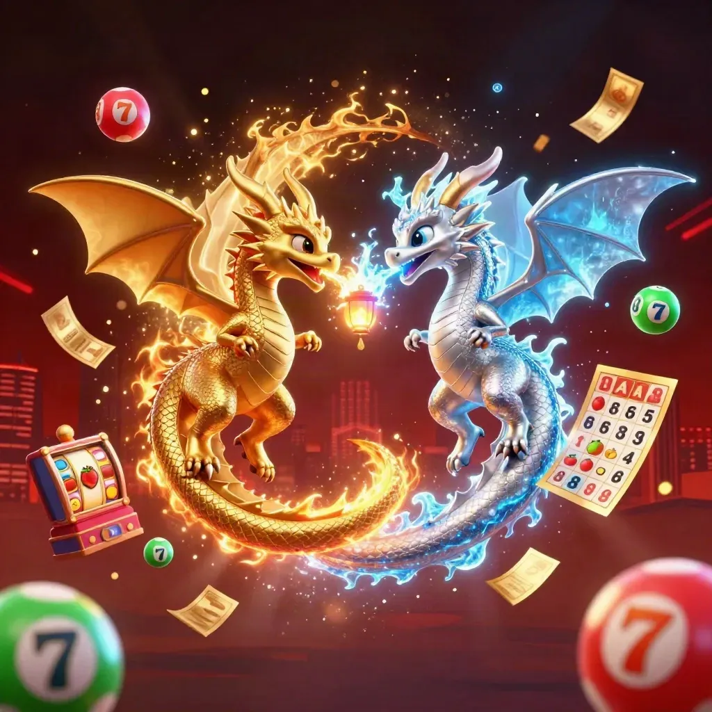 Gold and silver dragons spiral with fire and ice, surrounded by casino symbols and glowing lights.