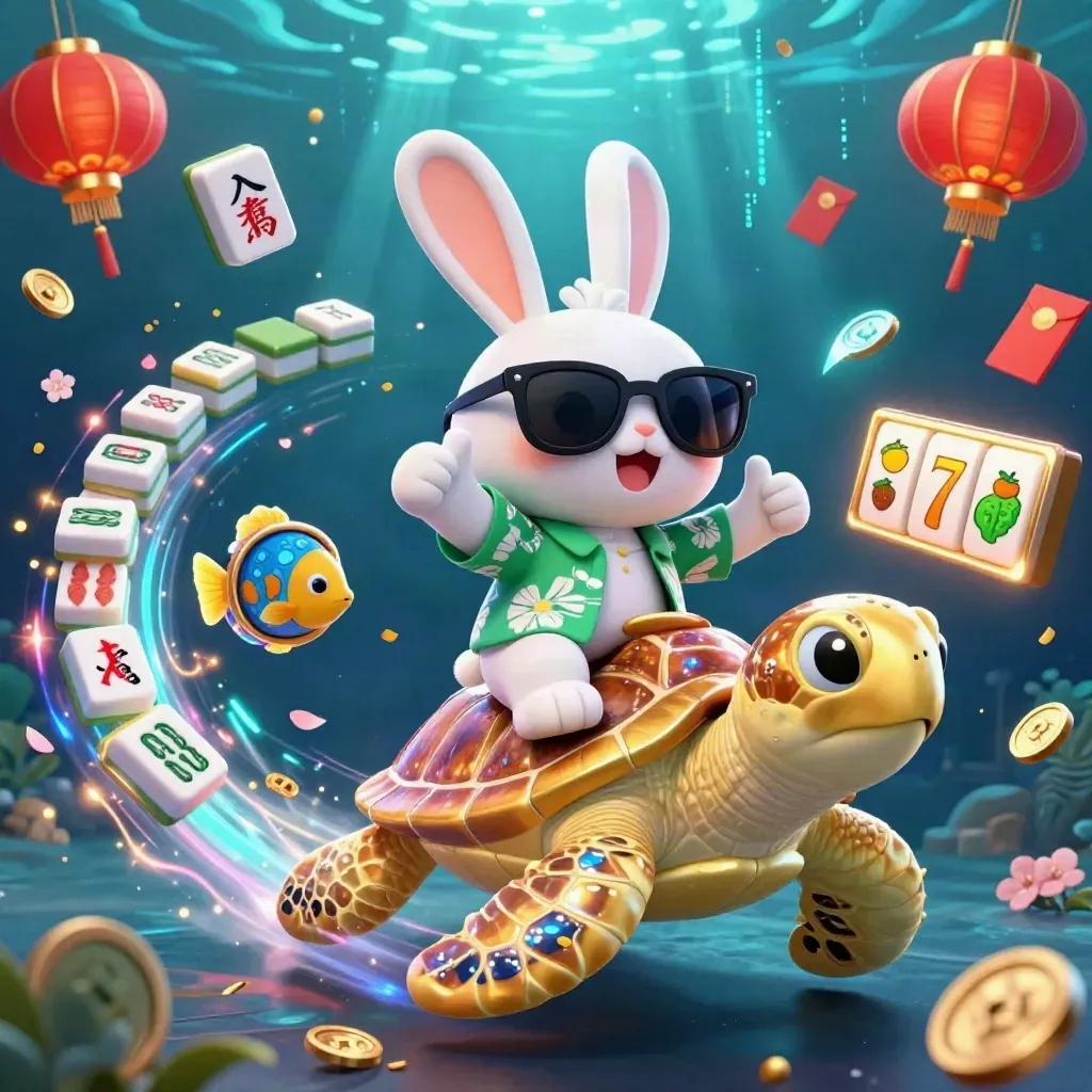Lucky rabbit rides a gold turtle underwater with fish, lanterns, coins, reels and glowing casino effects.