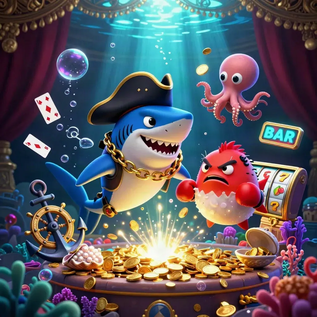 Shark pirate, boxing pufferfish, and coin-juggling octopus in a glowing treasure cove.