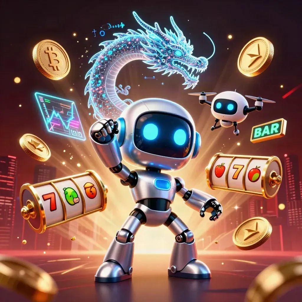 Cyberpunk robot, holographic dragon and coin drone amid neon coins, reels and casino sparks