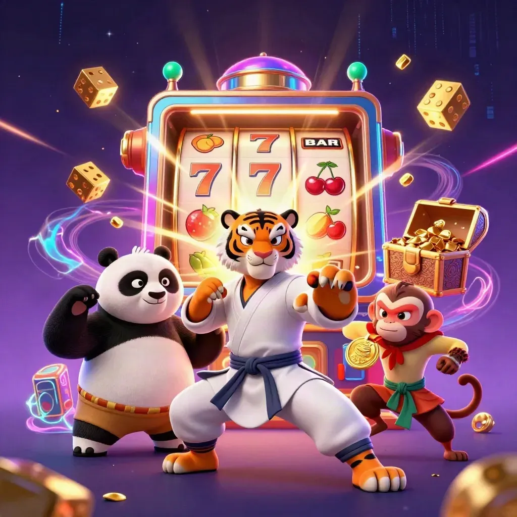 Tiger, panda, and monkey amid slot machine explosions and gold on a neon casino backdrop
