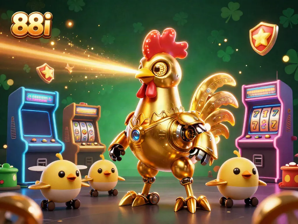 Engage in the thrilling world of 88i with a golden rooster robot and baby chick drones surrounded by casino game elements.