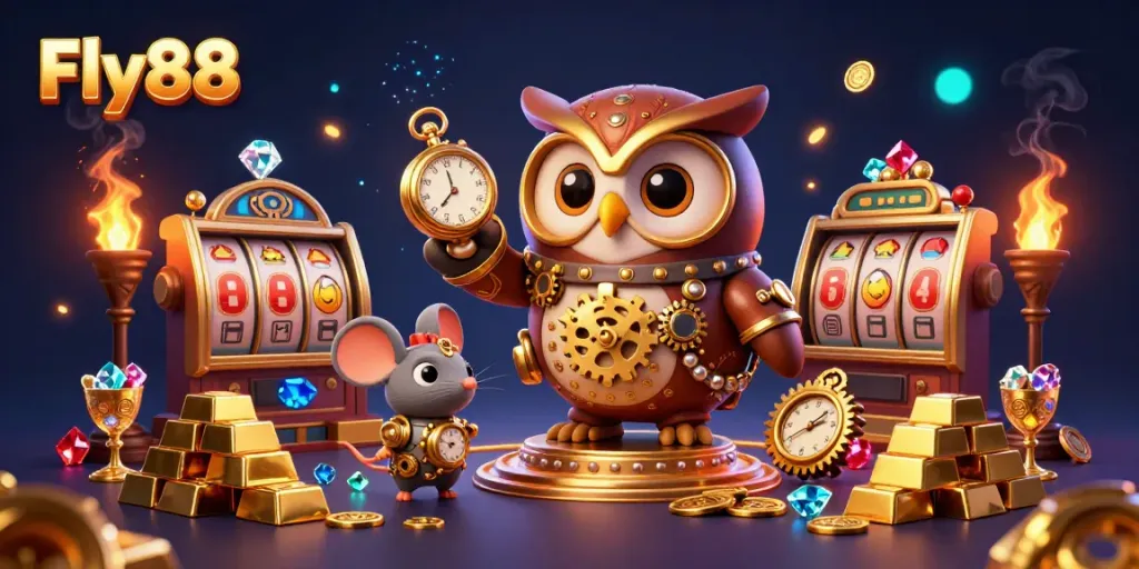 Experience thrilling gaming at Fly88 with our vibrant casino illustration, featuring an owl and a mouse amidst sparkling treasures.