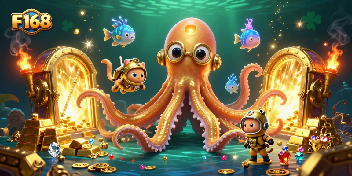 Experience thrilling adventures with F168, where a colossal kraken guards treasures amidst vibrant underwater gaming elements.
