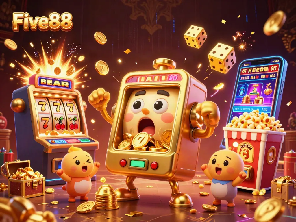 Five88 online casino showcases a golden slot machine hitting a jackpot with coins pouring out in a lively 3D scene.