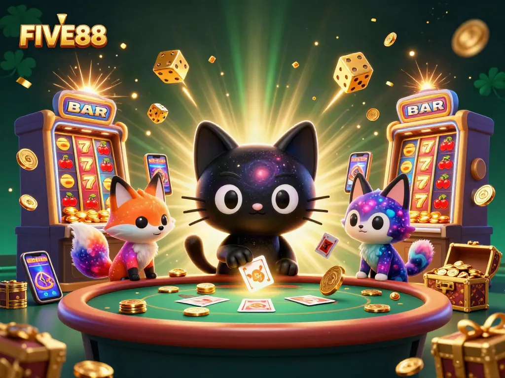 Experience the excitement at FIVE88 with a cosmic cat and fox amidst jackpot action.