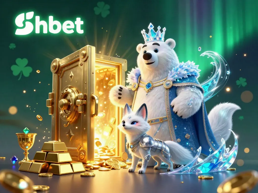 Experience thrilling gameplay with shbet's captivating 3D illustration showcasing a regal polar bear and fox in an enchanting treasure vault scene.
