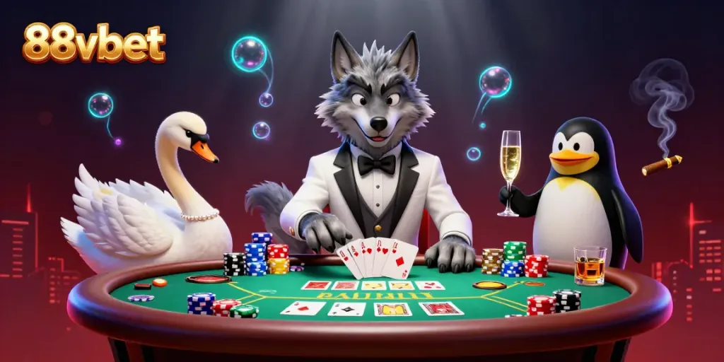 Experience the charm of 88vbet casino with a lively scene featuring a wolf, swan, and penguin around game tables.
