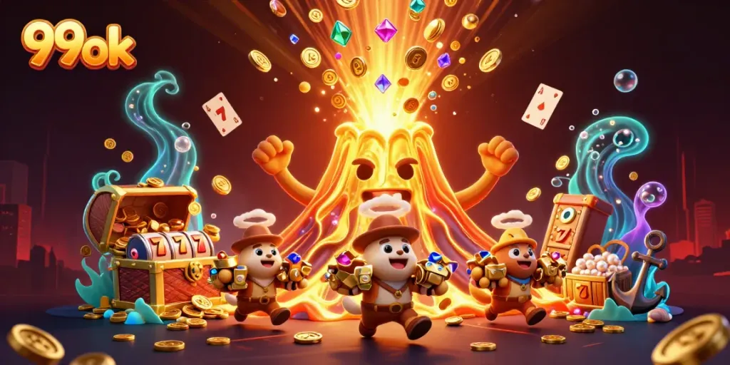 Join the excitement at 99ok, where gold coins and treasures erupt from the golden volcano in this vibrant gambling scene!