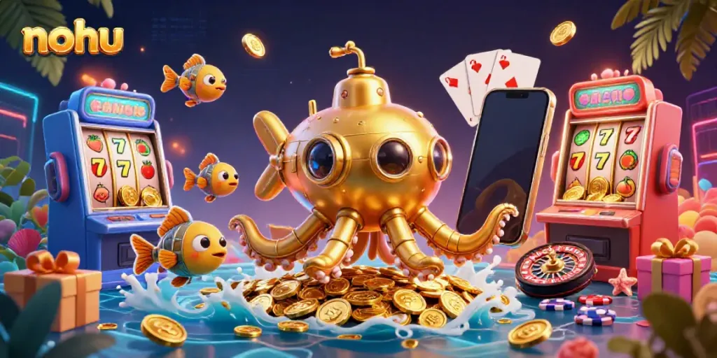 Experience winning thrills with the nohu golden kraken submarine surfacing amidst coins and slot games.