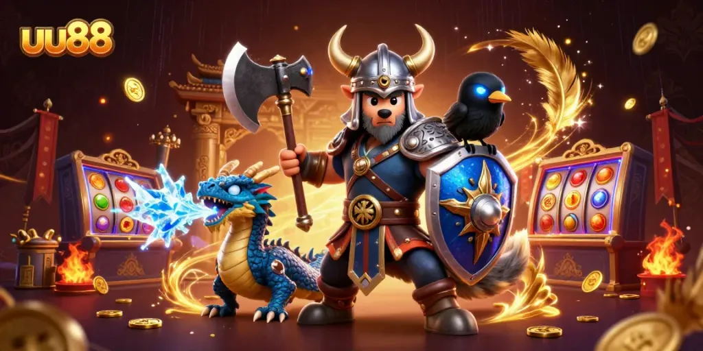 Join the exciting uu88 casino experience with a Viking warrior, dragon, and vibrant game elements!