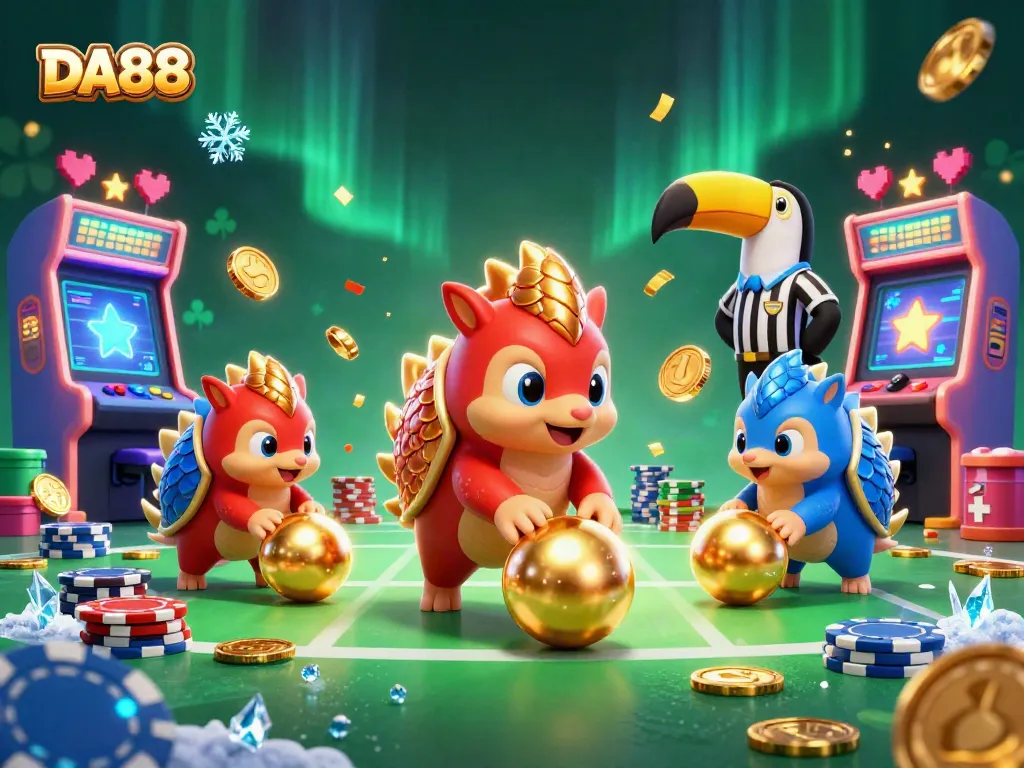 A dynamic scene showing DA88's pangolins in a casino-themed environment rolling golden balls and interactive 3D gaming elements.