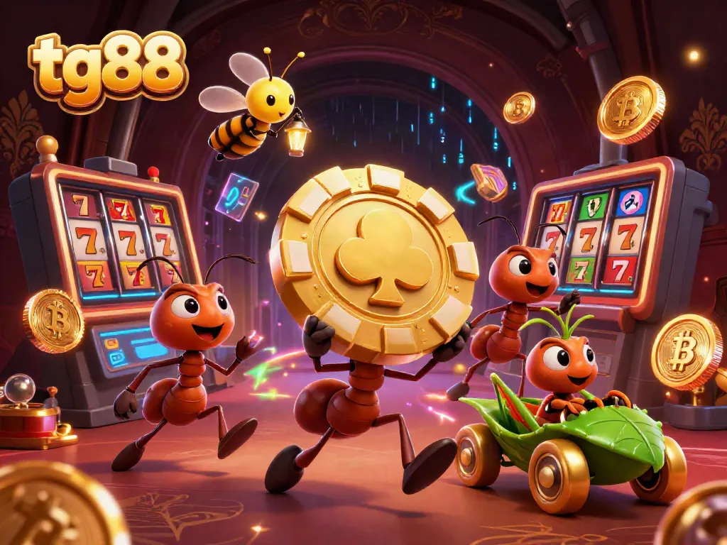 Engage with tg88's thrilling casino adventure featuring animated ants heisting coins in a vibrant scene.