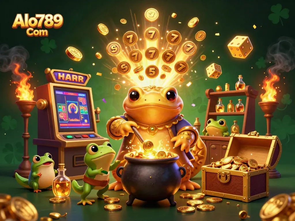 Engage in thrilling gameplay at Alo789 Com: an illustration showing a magical alchemist in a casino scenario transmuting coins.