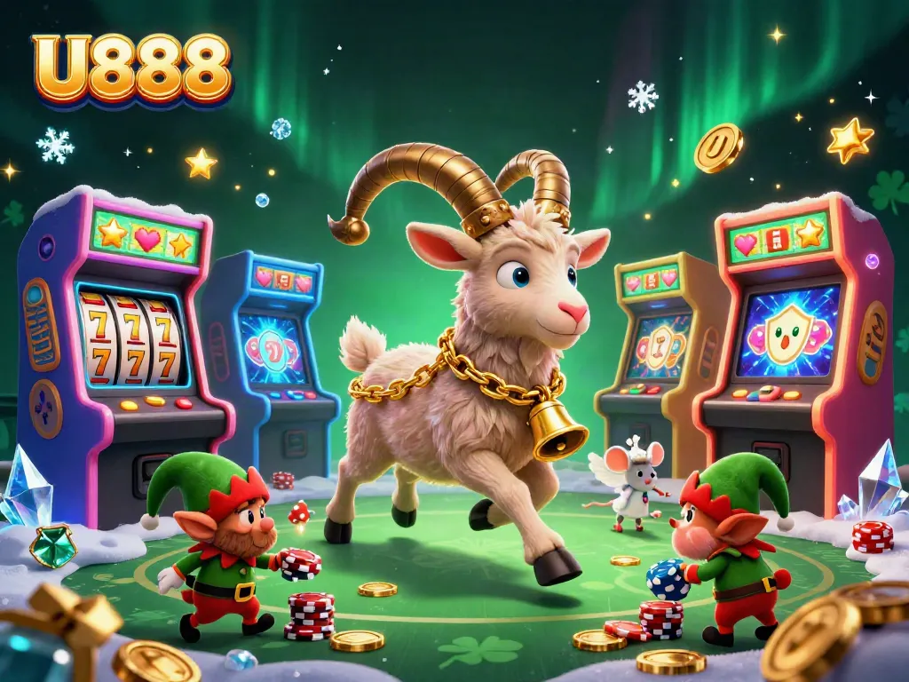 Join the thrilling world of U888 with festive characters and vibrant casino elements merging excitement and strategy.
