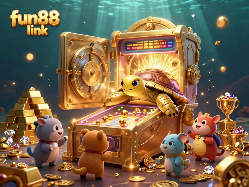 Experience gaming excitement with the fun88 link in this vibrant 3D casino scene filled with golden treasures.