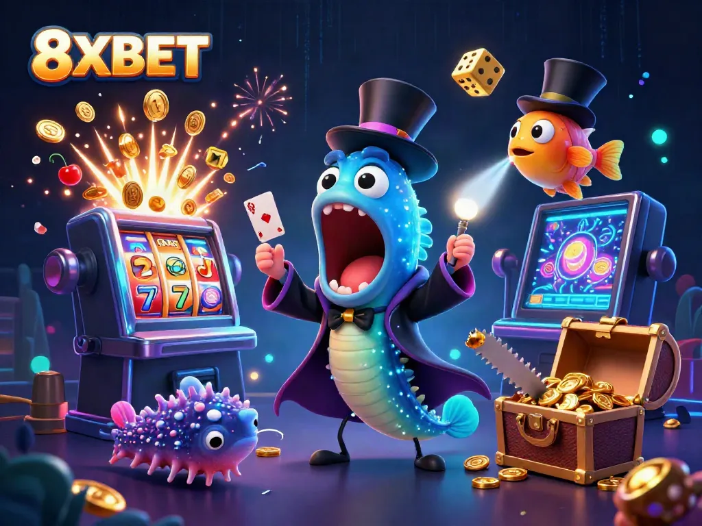 Experience the excitement of 8XBET with dynamic characters and vibrant casino elements in a magical underwater scene.