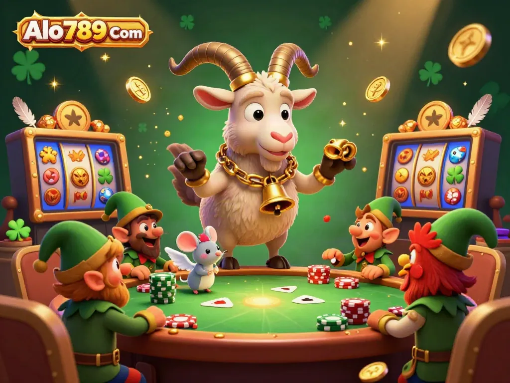 Engage in thrilling cockfighting action at Alo789 Com, where Krampus oversees the excitement amidst scattered gold coins.