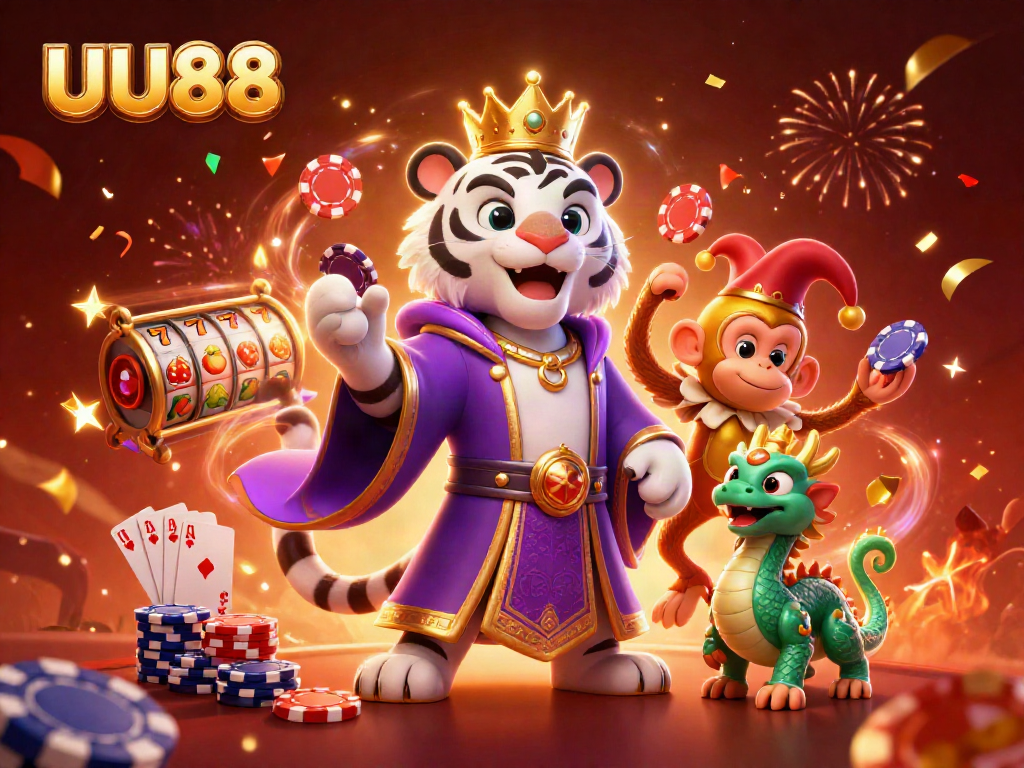 Join the excitement with UU88 as a white tiger, golden monkey, and jade dragon celebrate poker wins!