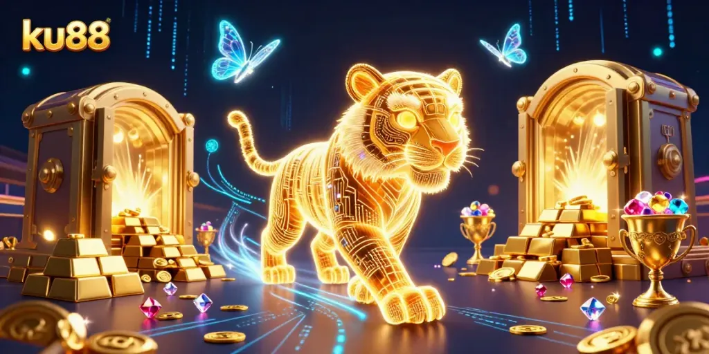 Engage with ku88's vibrant online casino adventures in a neon-lit digital landscape filled with treasures.
