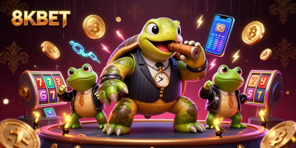 Engage with 8KBET's thrilling casino experience featuring a snapping turtle mobster and dynamic gaming elements.