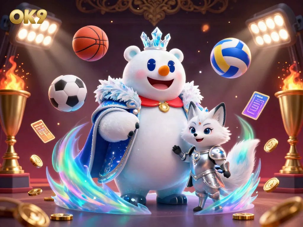 Experience the thrill of OK9 gaming with a vibrant scene featuring iconic elements from sports betting and casino.