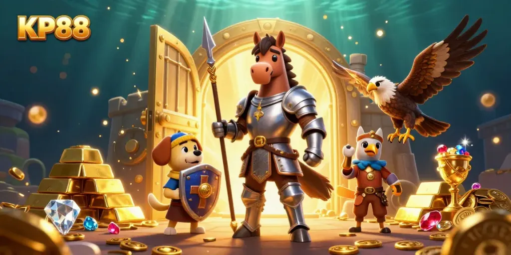 Experience KP88 thrills with an epic medieval knight, puppy squire, and falcon amidst treasure lights.