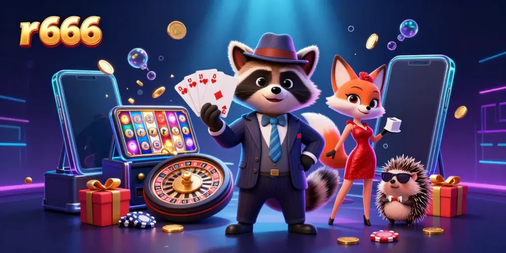 Experience thrilling gaming at r 666 with a suave raccoon and glamorous companions amidst dynamic casino elements.