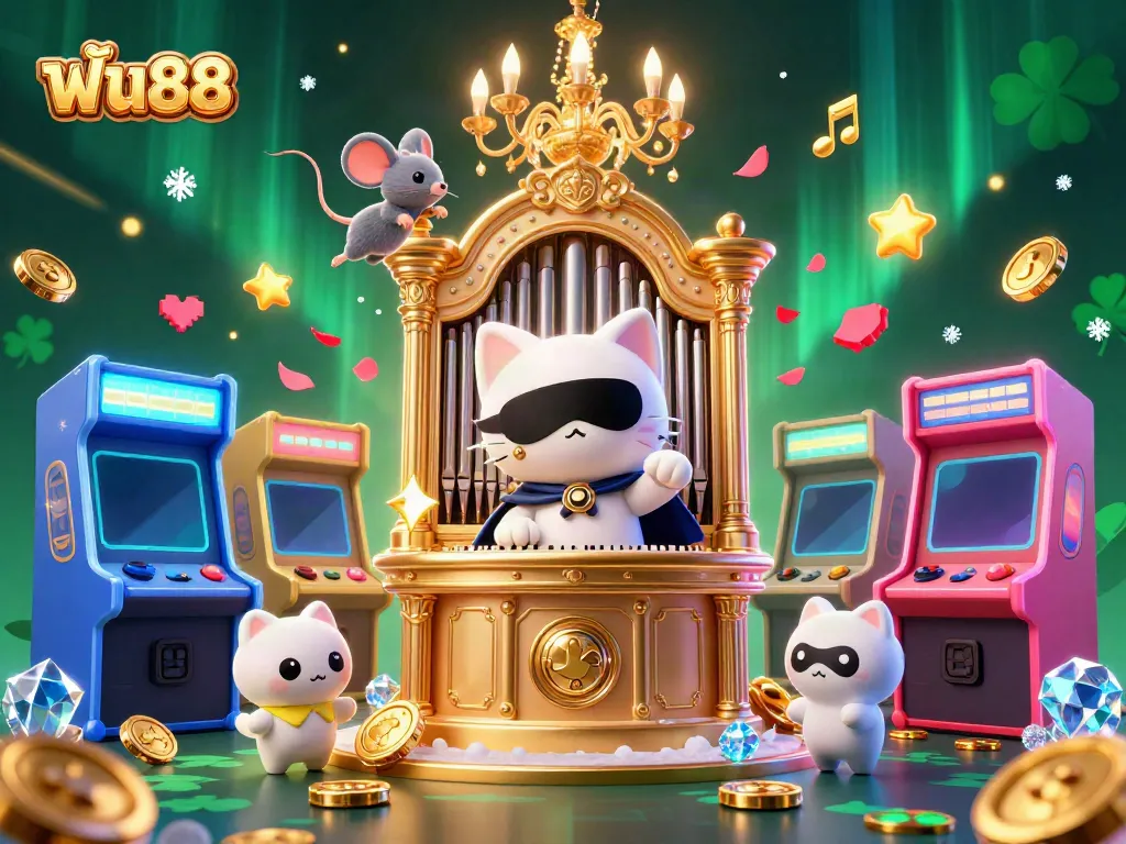 Experience the vibrant world of ฟัน88 with cartoon characters in an ornate casino setting.