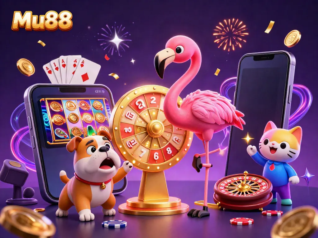 Spin to win at Mu88 with vibrant cartoon characters and exciting casino elements.