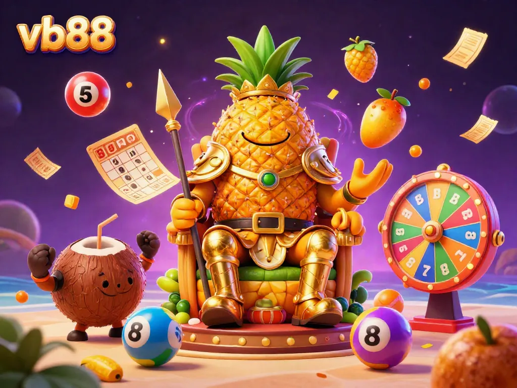 Engaging vb88 casino scene featuring a golden pineapple king, vibrant elements, and lottery themes.
