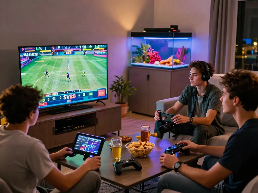 Friends enjoying online gaming and betting on SV88 in a vibrant living room.