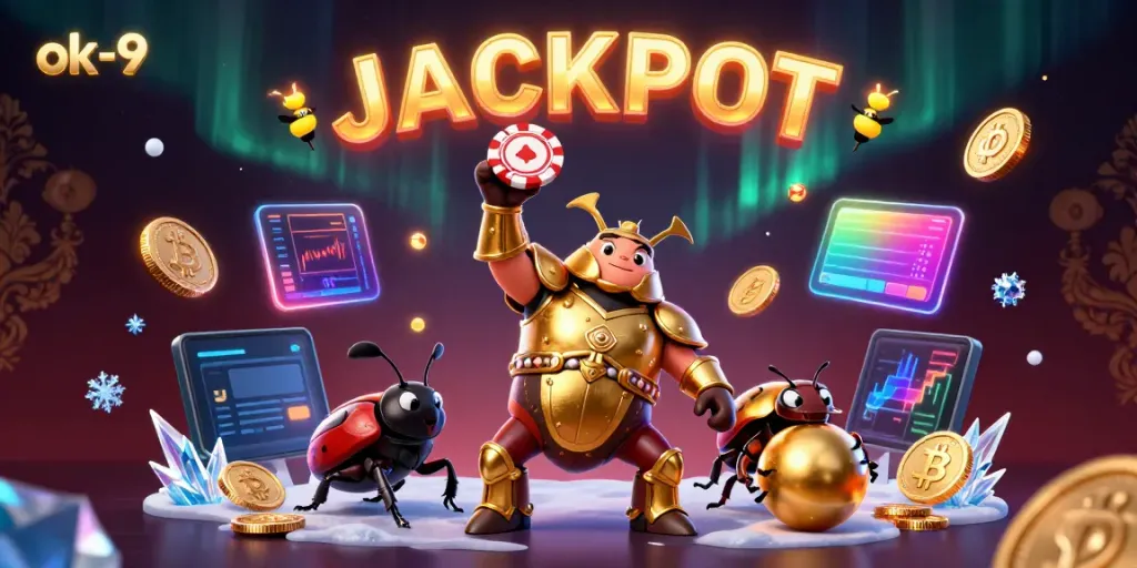 Engage with ok-9's thrilling victory in a casino-themed illustration featuring vibrant beetles and winning symbols