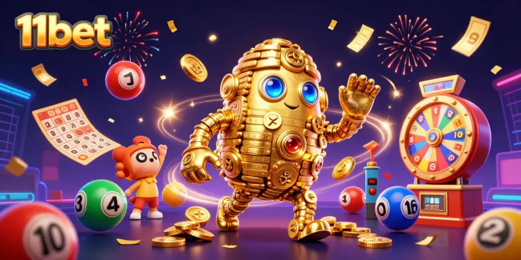 Experience thrilling wins with 11bet in this vibrant 3D casino scene, featuring a dynamic golem and lottery elements.