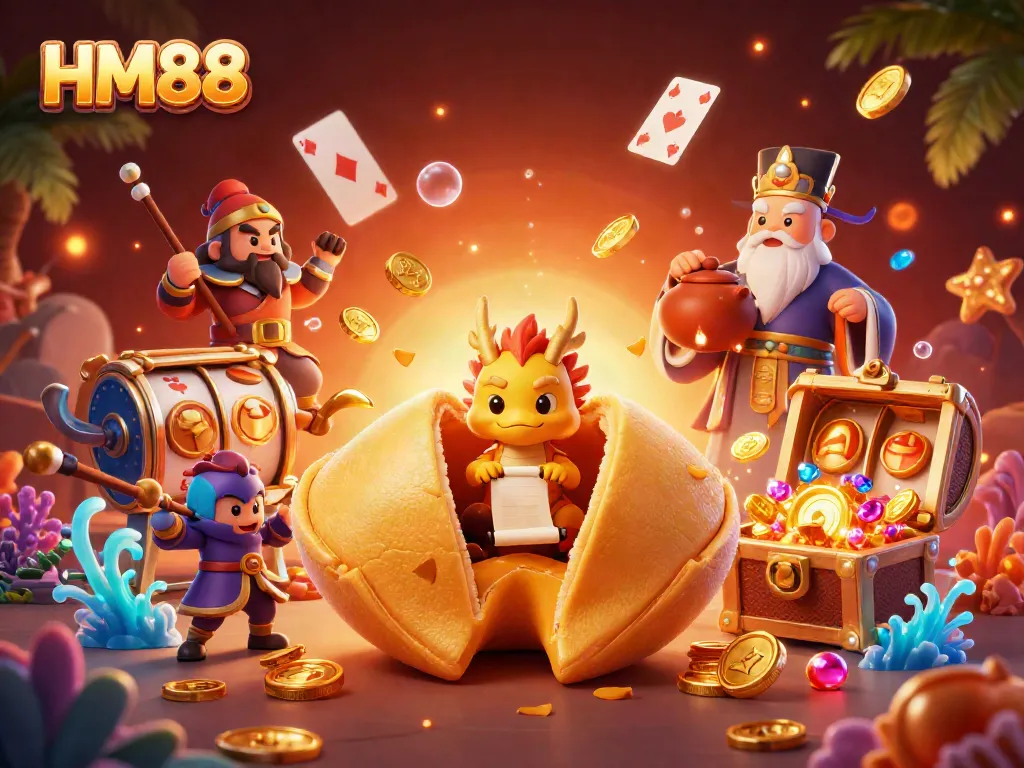 Play slots and win at HM88 with a captivating scene of a golden cookie and enchanting characters.