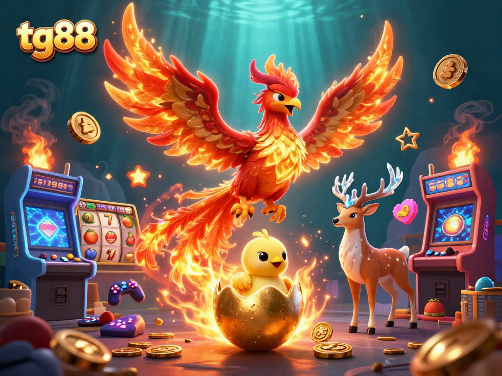 Experience tg88's vibrant slot game with majestic phoenixes and sparkling arcade elements.