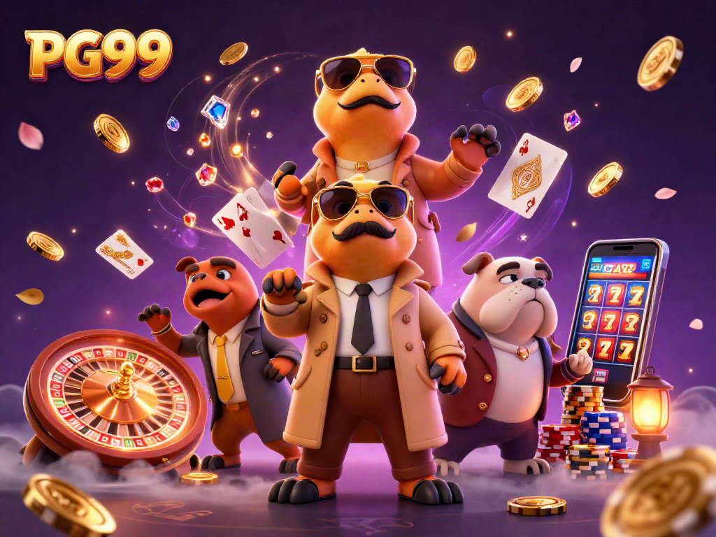 Experience thrilling PG99 casino adventures with raptors in disguise facing a bulldog bouncer.