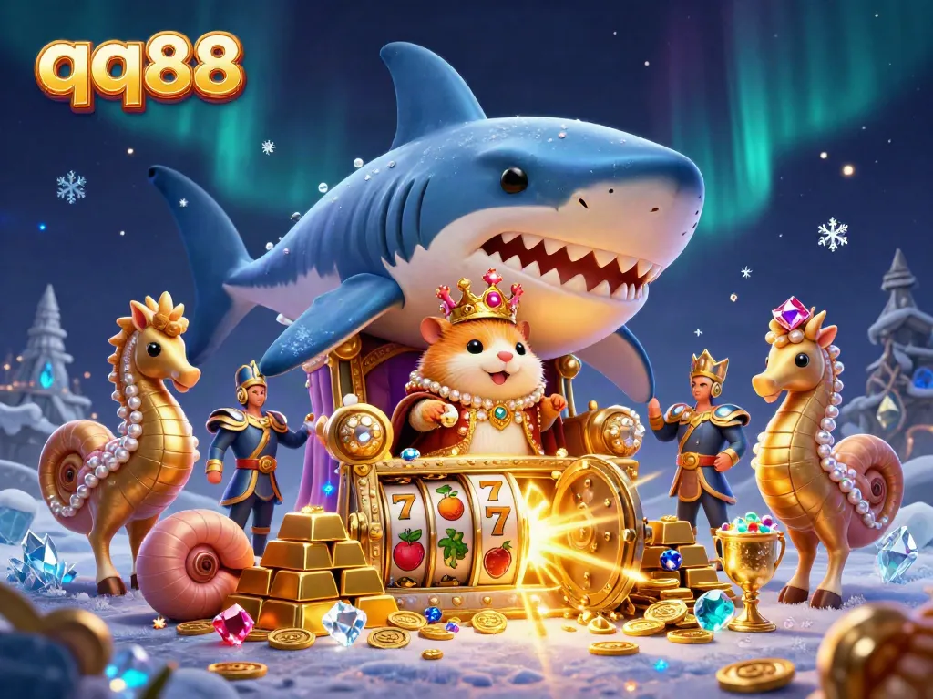 Engage with the qq88 excitement in a vibrant 3D casino scene featuring colorful slot elements and treasures.